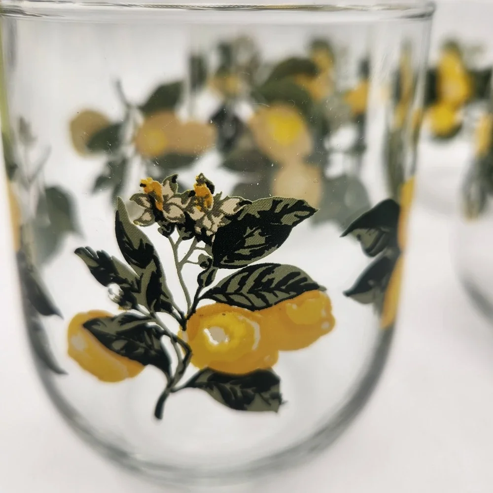 Set of 4 Lemon Citrus Print Stemless Wine Glasses Tumblers Clear‎ Yellow Green
